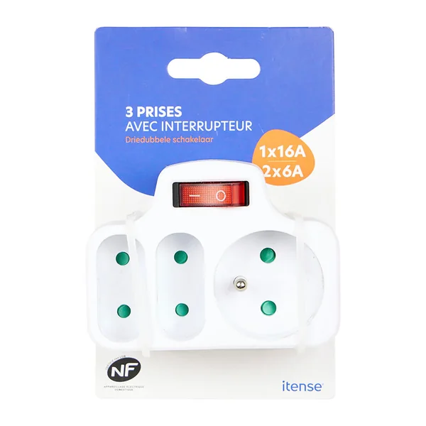Bloc multiprise triplite 2 prises 6A, 1 prise 16A et interrupteur