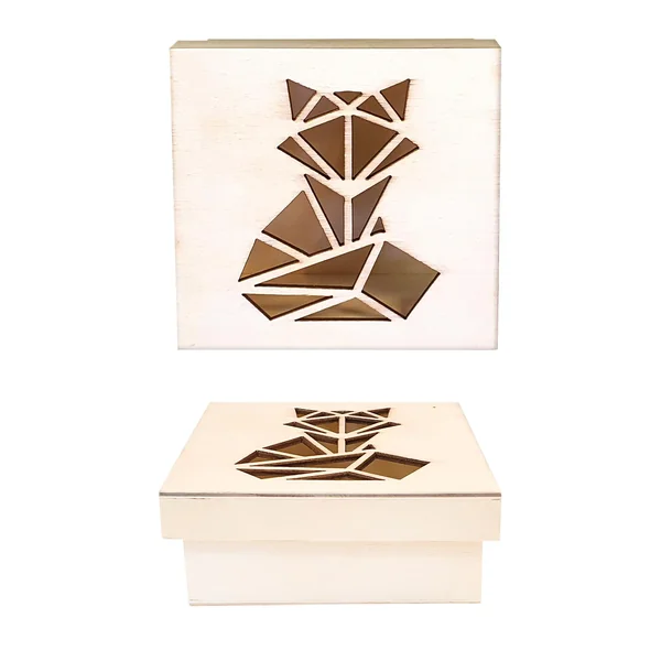 BOITE EN BOIS DECOUPE ORIGAMI RENARD 11.3 X 11.3 X 5CM