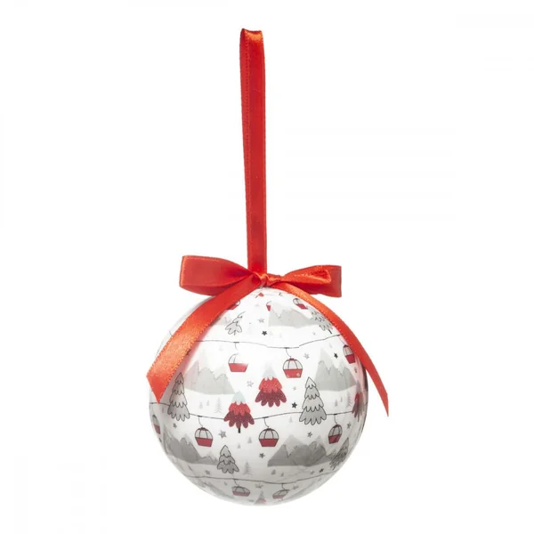 BOULE DE NOEL PAPIER IMPRIME 7.5CM MONTAGNE ET TELESIEGE