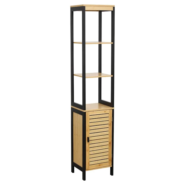 COLONNE BAMBOU 1 PORTE POIGNEE METAL 3 NICHES NOIR BAMBOU
