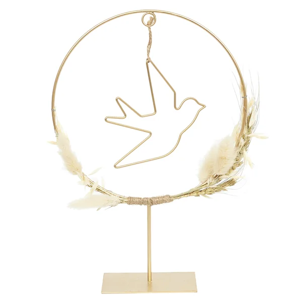 DECORATION A POSER CERCLE OISEAU DORE ET FLEURS SECHEES H.28