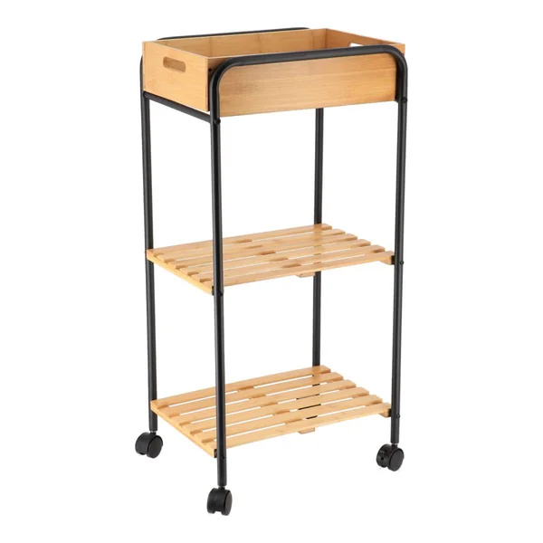 DESSERTE METAL SUR ROULETTES 1 NICHE 2 ETAGERES BAMBOU NOIR
