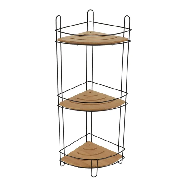 ETAGERE ANGLE FIL METAL BAMBOU 3 NIVEAUX NOIR