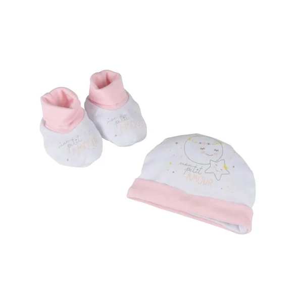 LOT BONNET CHAUSSONS TAILLE NAISSANCE COTON ROSE ESSEN CIEL