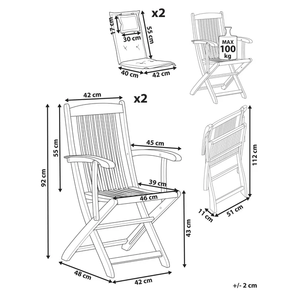 Lot de 2 chaises de jardin avec coussins MAUI II Acacia Blanc cassé