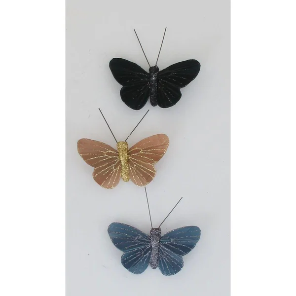 PAPILLON PLUME AIMANT X 3 NAOMI NOIR OR GRIS FONCE