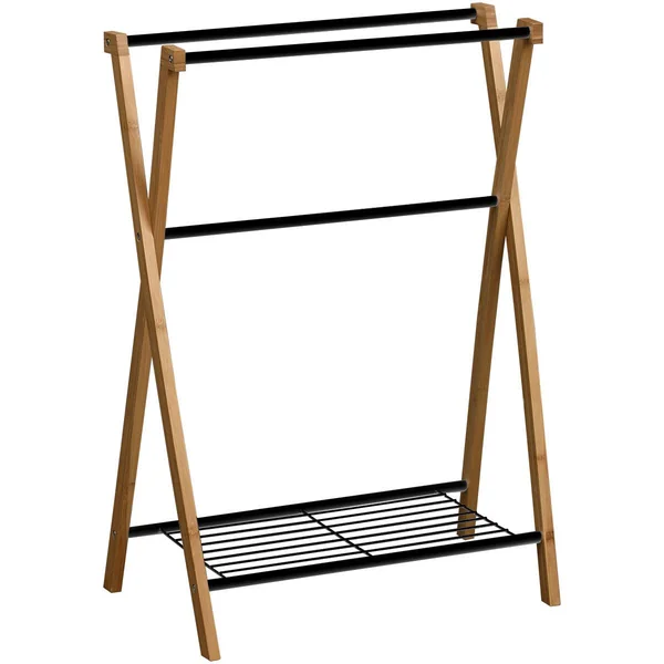 PORTE SERVIETTES METAL BAMBOU 3 BARRES 1 ETAGERE NOIR