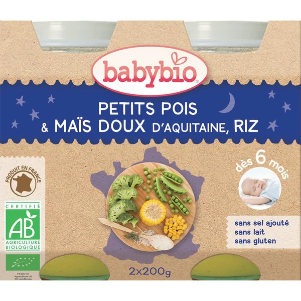 Pots de petits pois maïs et riz bonne nuit Babybio 2 x 200 g