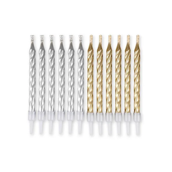 SET 12 BOUGIES ANNIVERSAIRE MAGIQUES SUPPORT H.6CM ARGENT OR