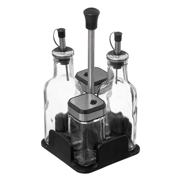 SET BOUTEILLE HUILE VINAIGRE SEL POIVRE VERRE AVEC SUPPORT