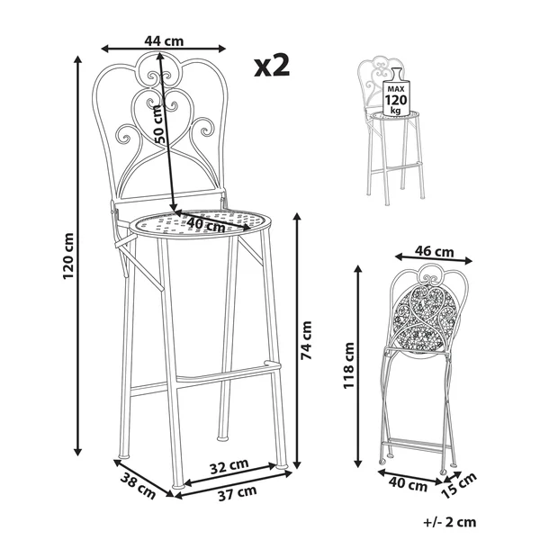 Set of 2 Garden Bar Chairs TRIESTE Folding Metal Light Beige