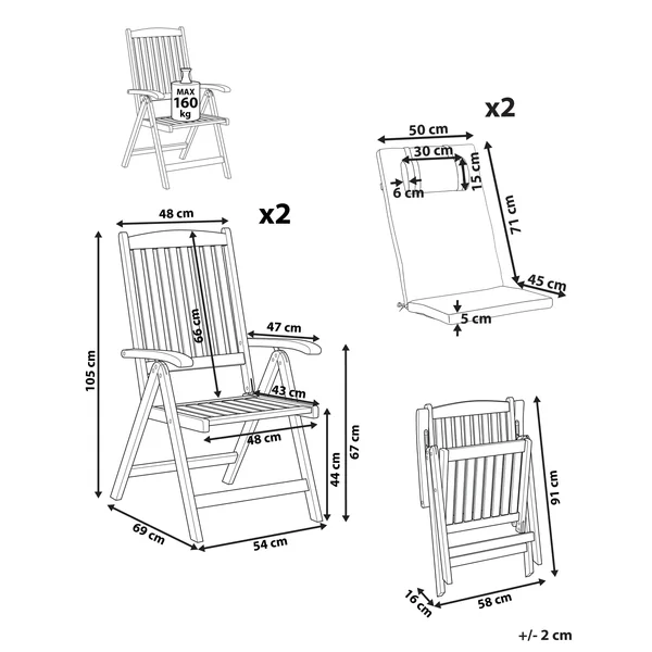 Set van 2 stoelen met zitkussen AMANTEA PREMIUM Acaciahout Grijs melange