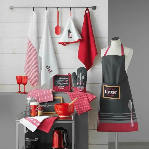 TABLIER ET POCHE 60X84 CM COTON IMPRIME AU BISTROT ROUGE