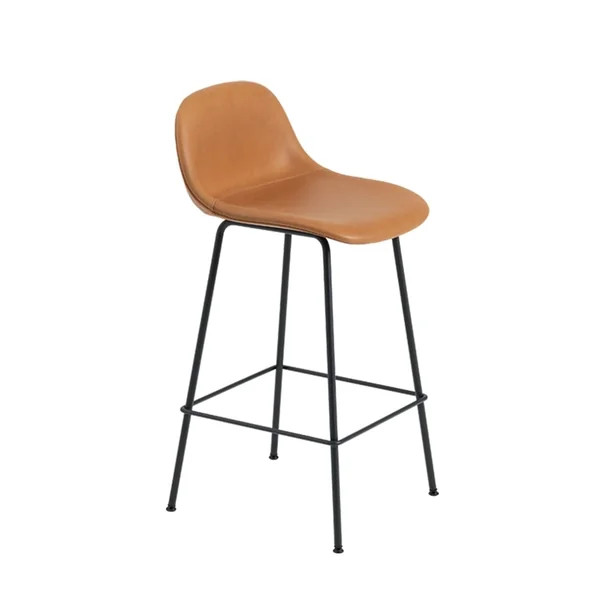 Tabouret haut FIBER BAR STOOL Avec dossier pieds acier H65 siège cuir Cognac MUUTO
