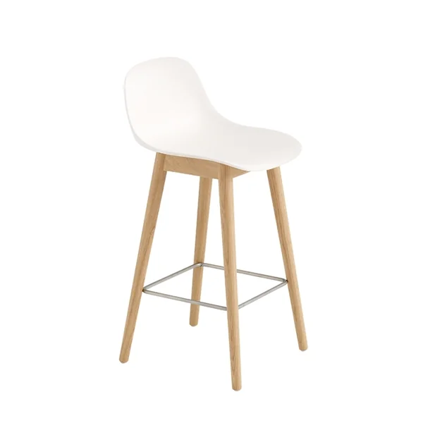 Tabouret haut FIBER BAR STOOL Avec dossier pieds bois H65 Blanc/ chêne MUUTO
