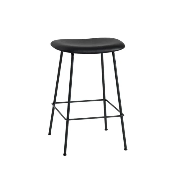 Tabouret haut FIBER BAR STOOL pieds acier siège cuir H65 Noir MUUTO